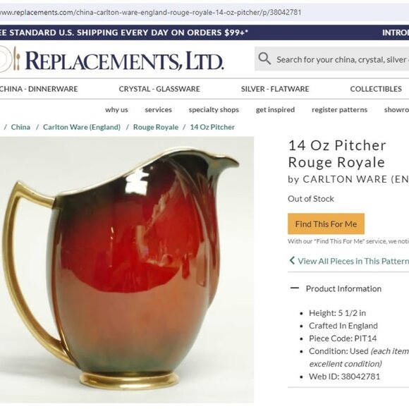 Carlton Ware  Art Deco Rouge Royale 14 Oz Pitcher England 1930s Red with Gold - Picture 10 of 16